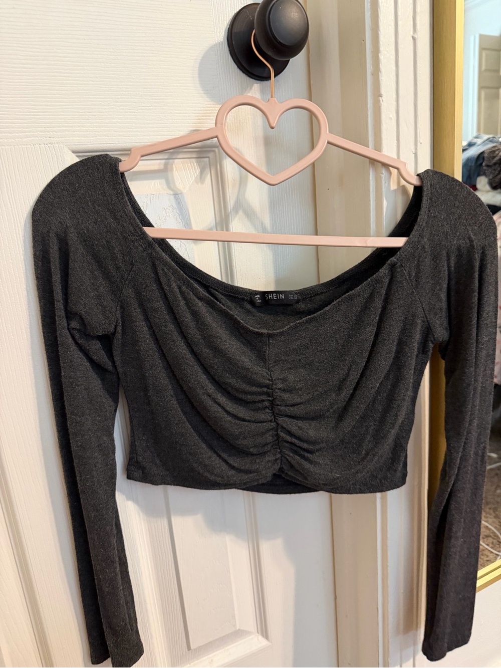 SHEIN Dark Charcoal Ruched Long-Sleeve Crop Top